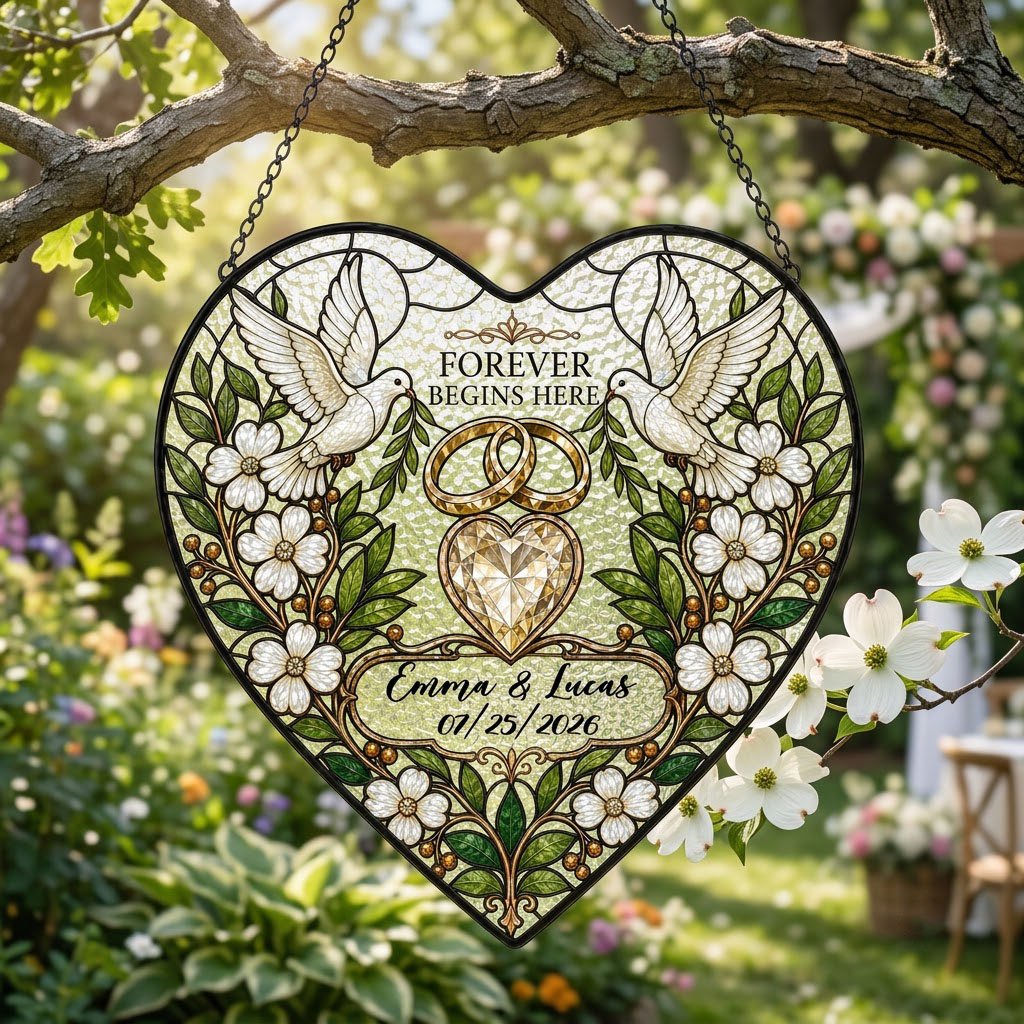 Personalized Wedding Doves & Diamond Heart Forever Begins Here Heart Stained Glass Suncatcher