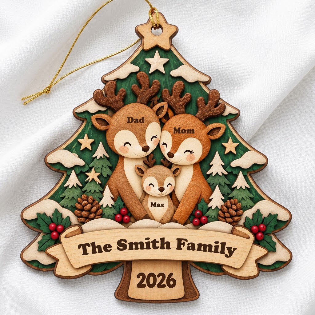 Tree-shaped wood ornament with a deer family, star topper, holly, pinecones, and personalized names and year.