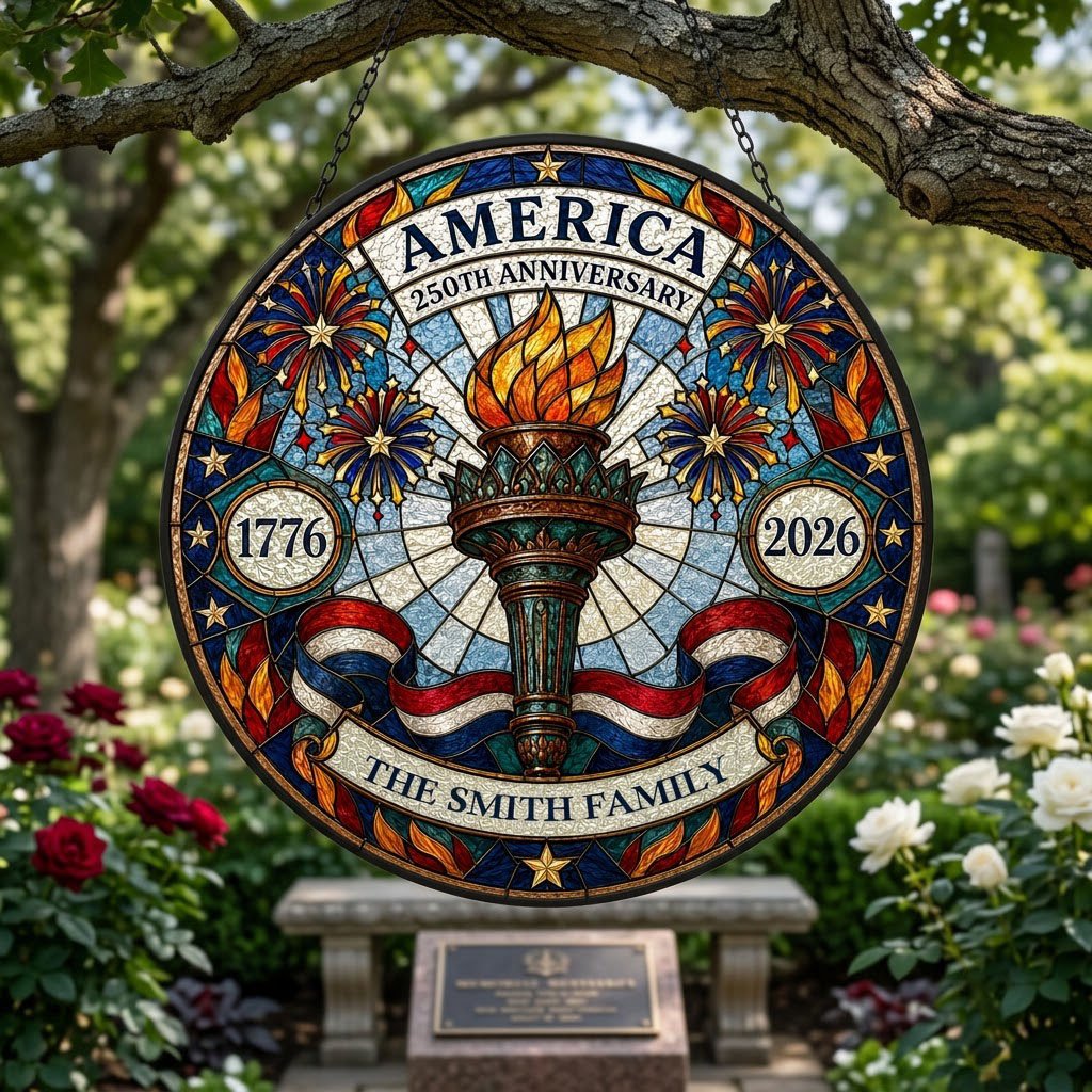 Round stained glass suncatcher with a central torch, fireworks, stars, and a red, white and blue ribbon.