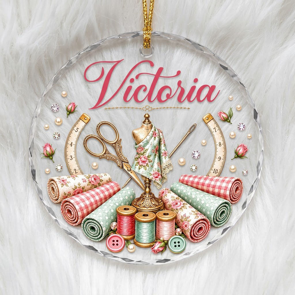 Round faceted glass ornament with a vintage dress form, sewing notions, and personalized name Victoria in pink and gold 