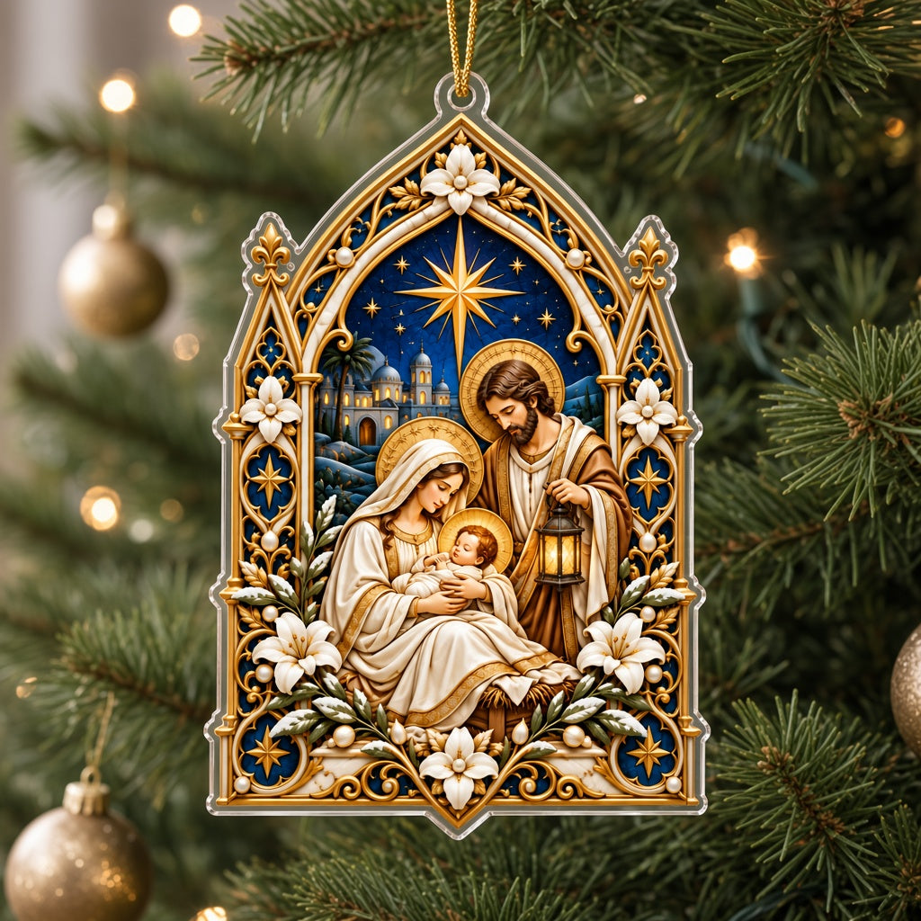 Cathedral-arch acrylic ornament with Nativity scene of Mary, Joseph with lantern, and the Star of Bethlehem.