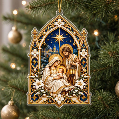 Cathedral-arch acrylic ornament with Nativity scene of Mary, Joseph with lantern, and the Star of Bethlehem.