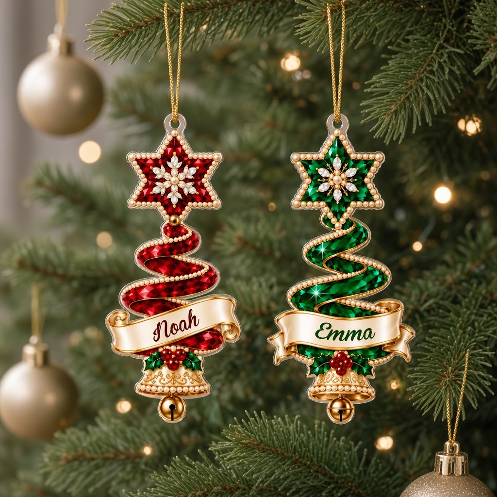 Custom-cut acrylic ornament of a jeweled ribbon Christmas tree with star topper, holly sprig, name banner, and a gold be