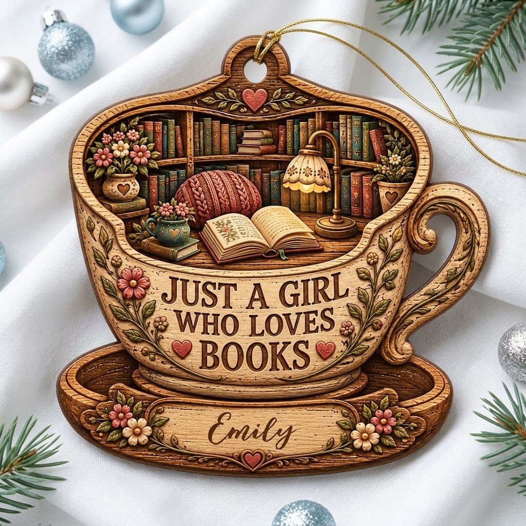 Teacup-shaped wood ornament with cozy library scene and 'JUST A GIRL WHO LOVES BOOKS' plus a personalized name.