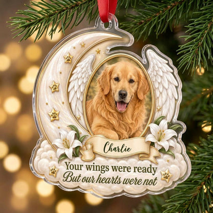 Crescent moon and angel wings acrylic ornament with oval pet photo, paw-print stars, white lilies, clouds, and a name ba