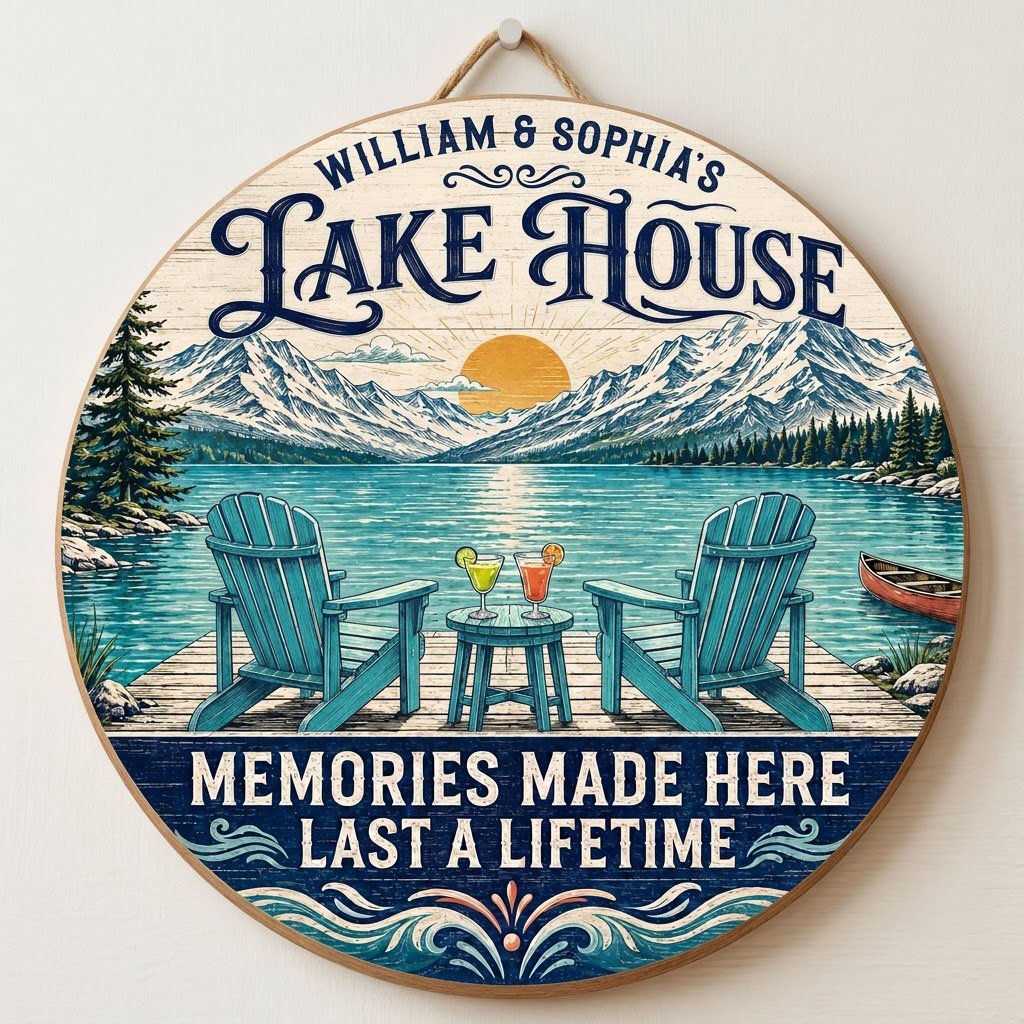 Personalized Lake House Memories Round Wooden Hanging Sign