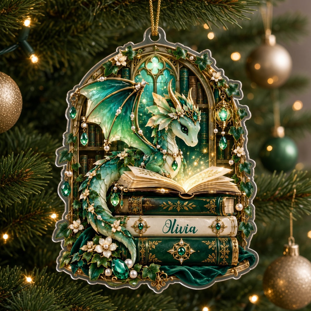 Emerald green dragon with gold-accented wings on vintage books, name Olivia, stained-glass arch acrylic ornament.