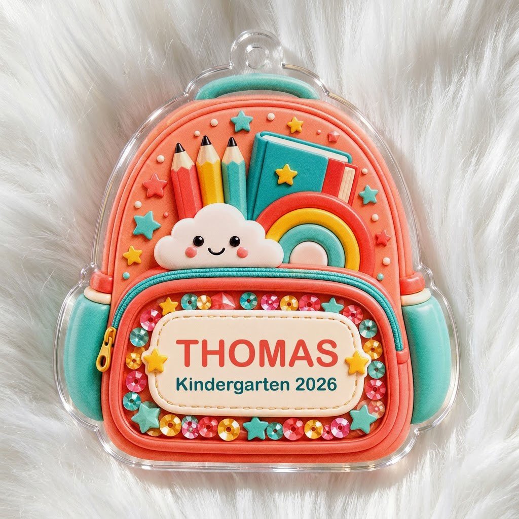 Coral backpack acrylic ornament with pencils, rainbow, smiling cloud, and 'THOMAS' Kindergarten 2026.