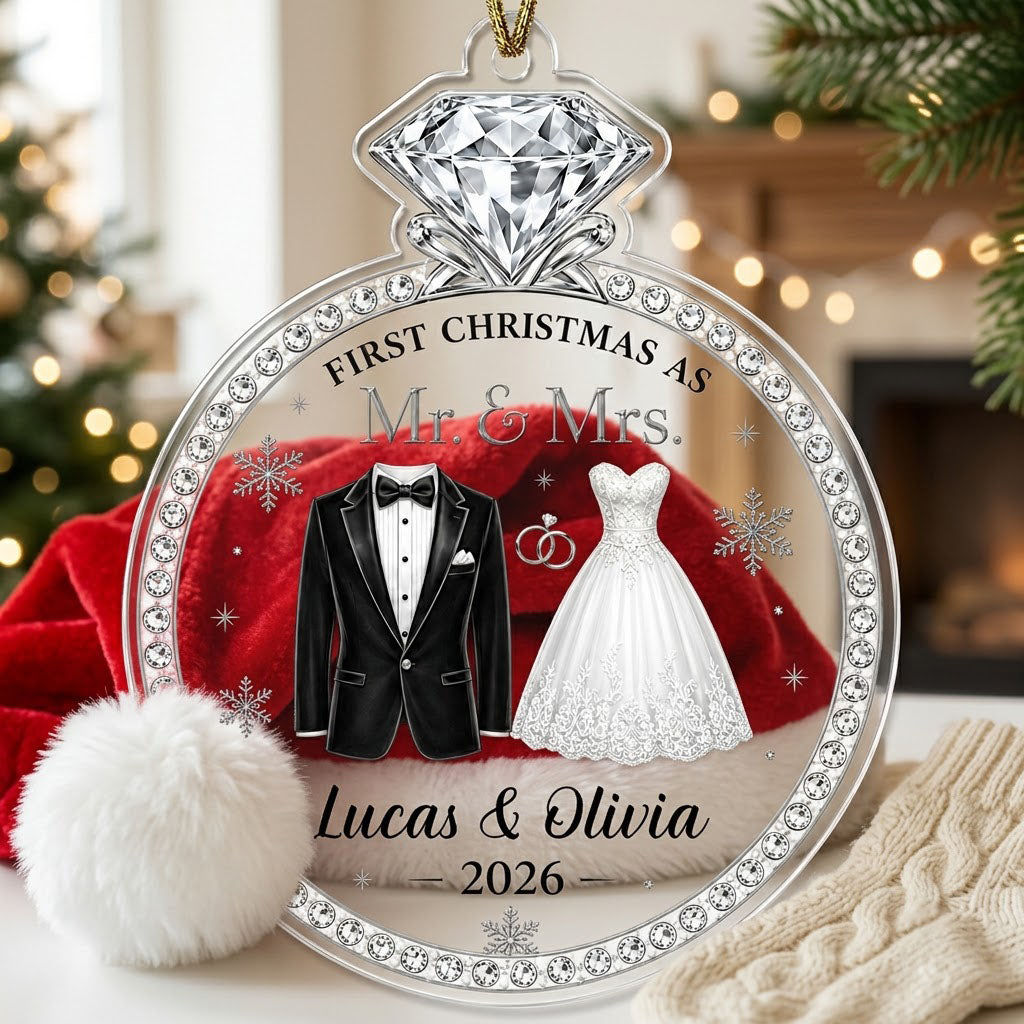 Clear acrylic diamond-ring ornament with tuxedo, lace gown, silver rings and 'First Christmas as Mr. & Mrs.' text.