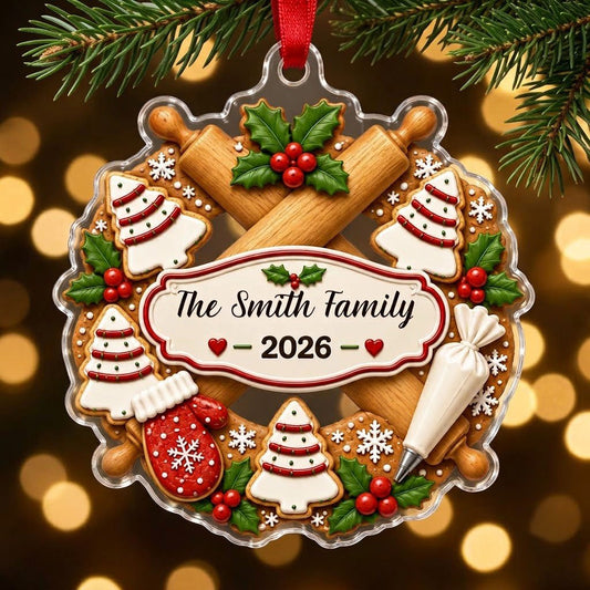 Custom-cut acrylic ornament with a rolling-pin wreath, gingerbread cookies, and a central name-and-year sign.
