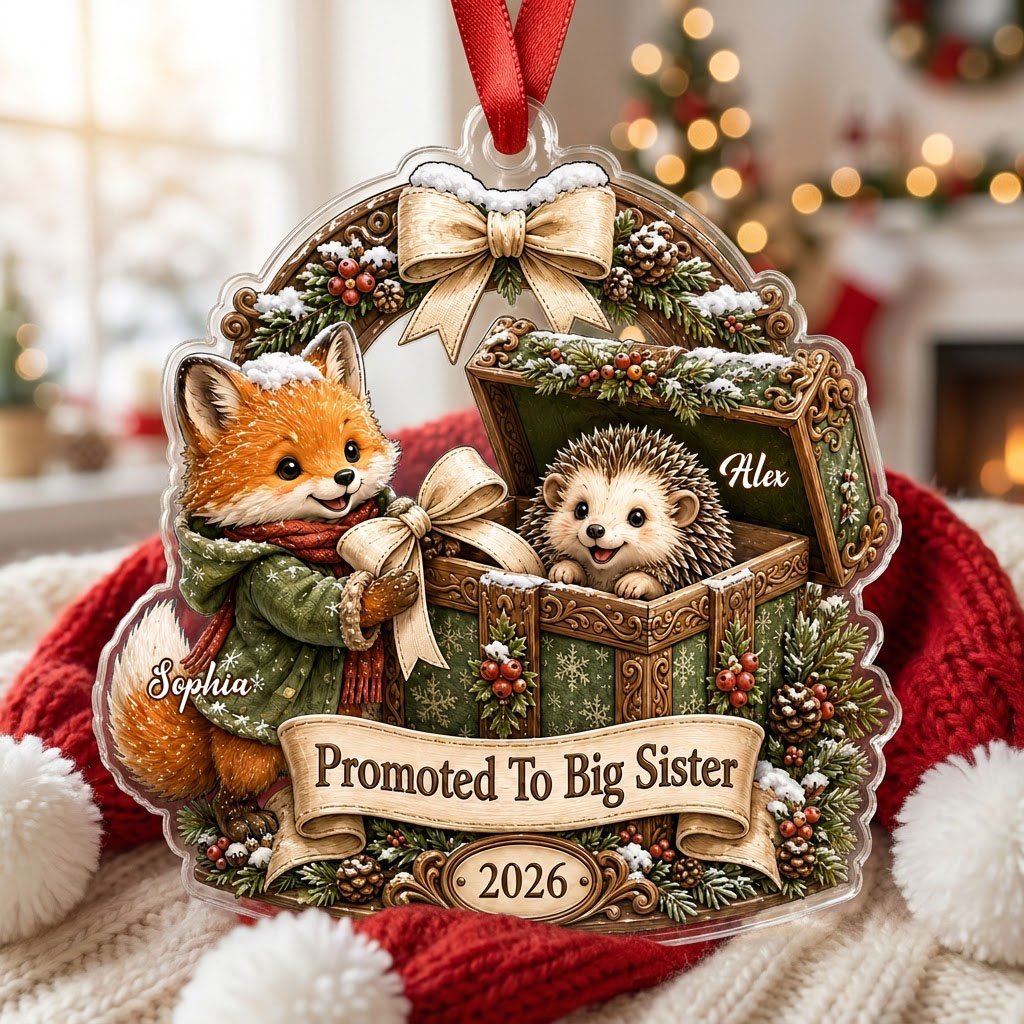 Custom-cut acrylic ornament: fox in jacket, hedgehog in box, pine arch and Promoted To Big Sister banner.