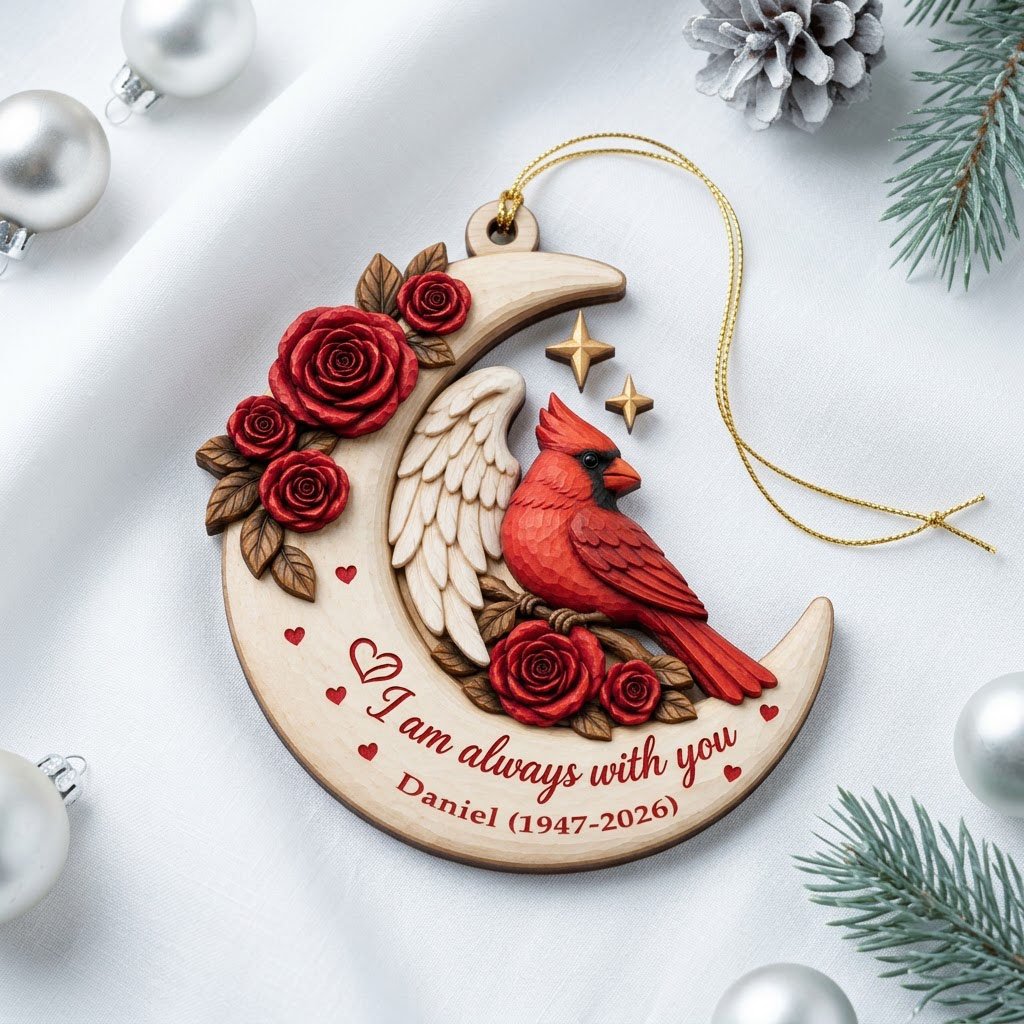 Crescent moon wood ornament with red cardinal, angel wing, red roses, stars, hearts, and custom name and years.