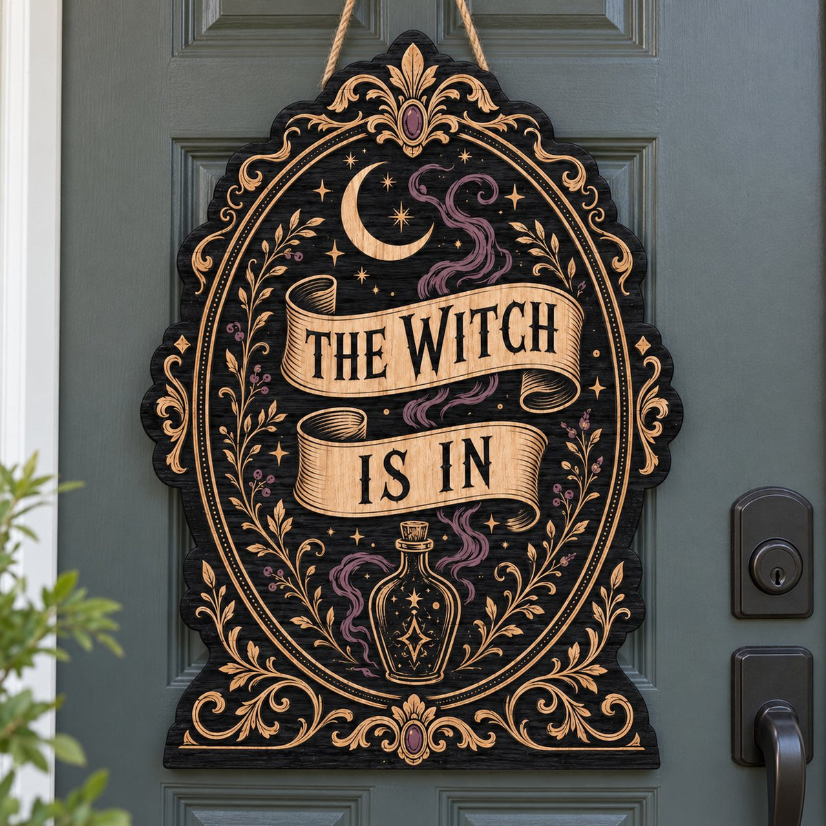Gothic plaque sign reading "THE WITCH IS IN" with crescent moon, stars, purple smoke, potion bottle and ornate filigree 