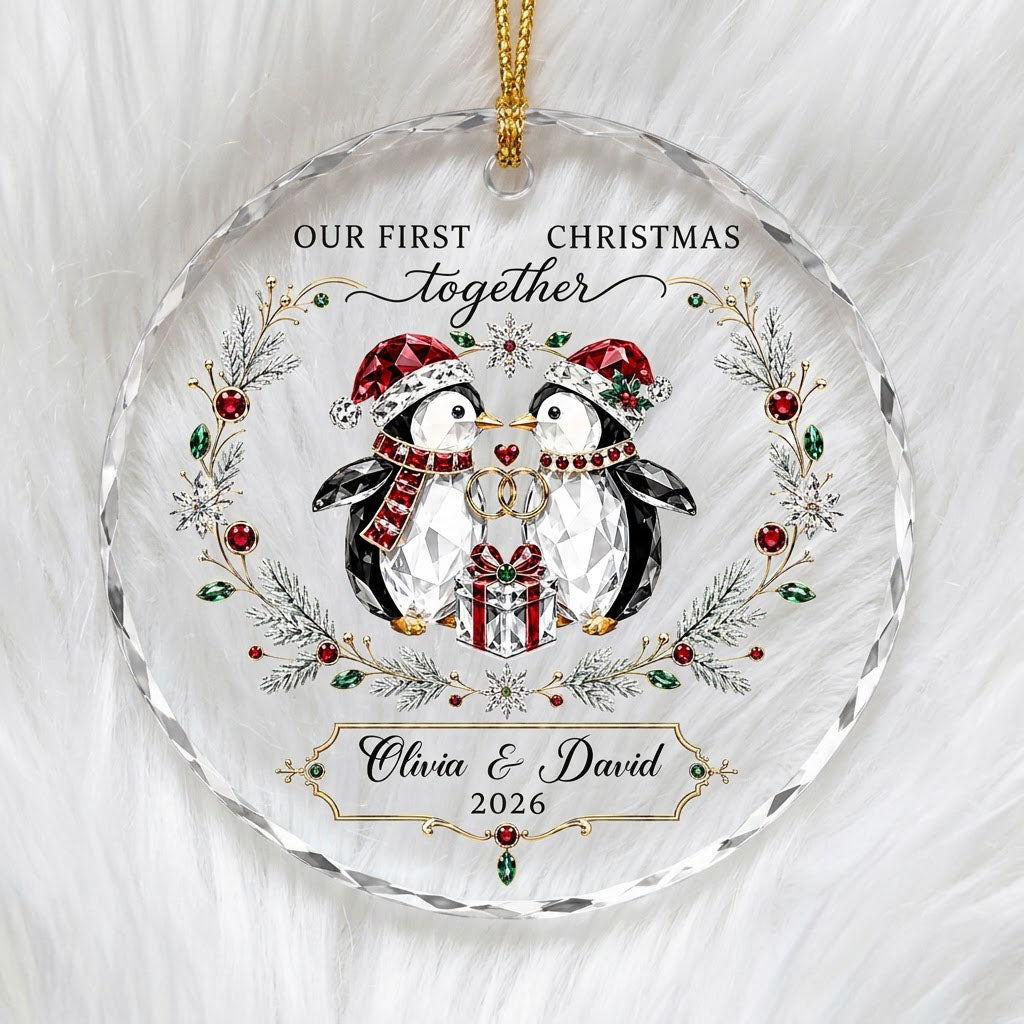 Penguin couple in Santa hats hold gold rings beneath a heart, framed by a pine and gem wreath with a gift box.