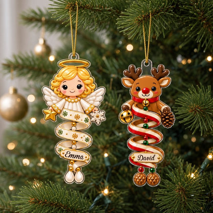 Acrylic ornament showing a polar bear and Mrs. Claus made of spiral ribbons with two personalized names on each characte