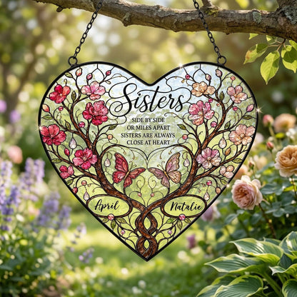 Personalized Sisters Side by Side Heart Stained Glass Suncatcher with Blossoms & Butterflies