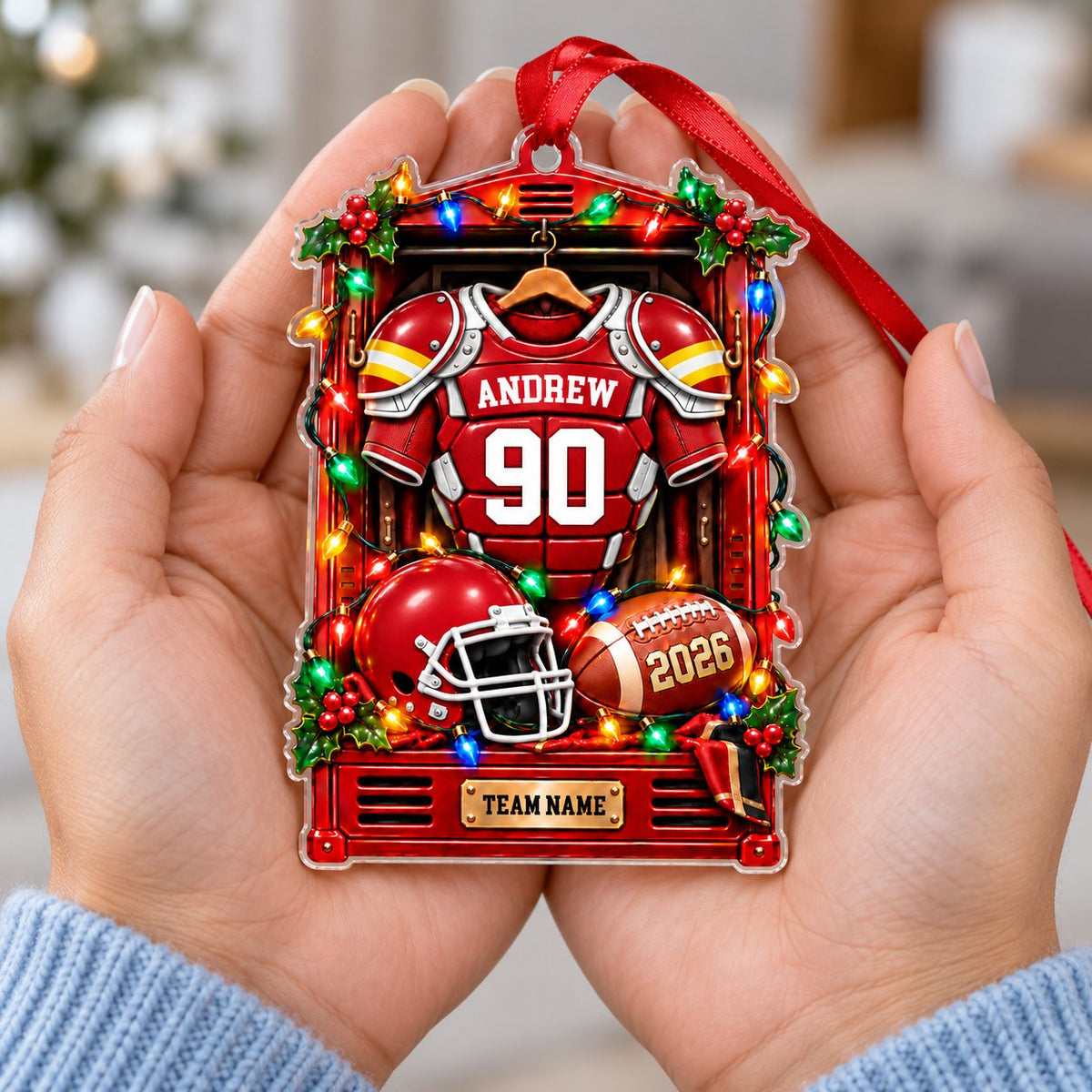 Red football locker ornament with jersey, helmet, football, holiday lights, holly, and custom name, number, team and yea
