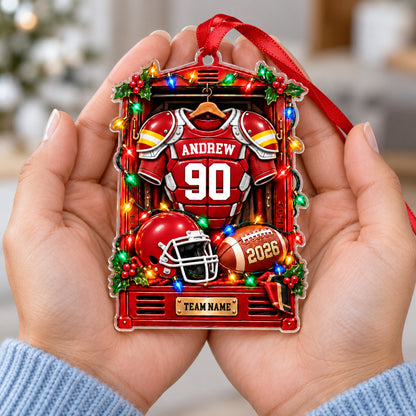 Red football locker ornament with jersey, helmet, football, holiday lights, holly, and custom name, number, team and yea