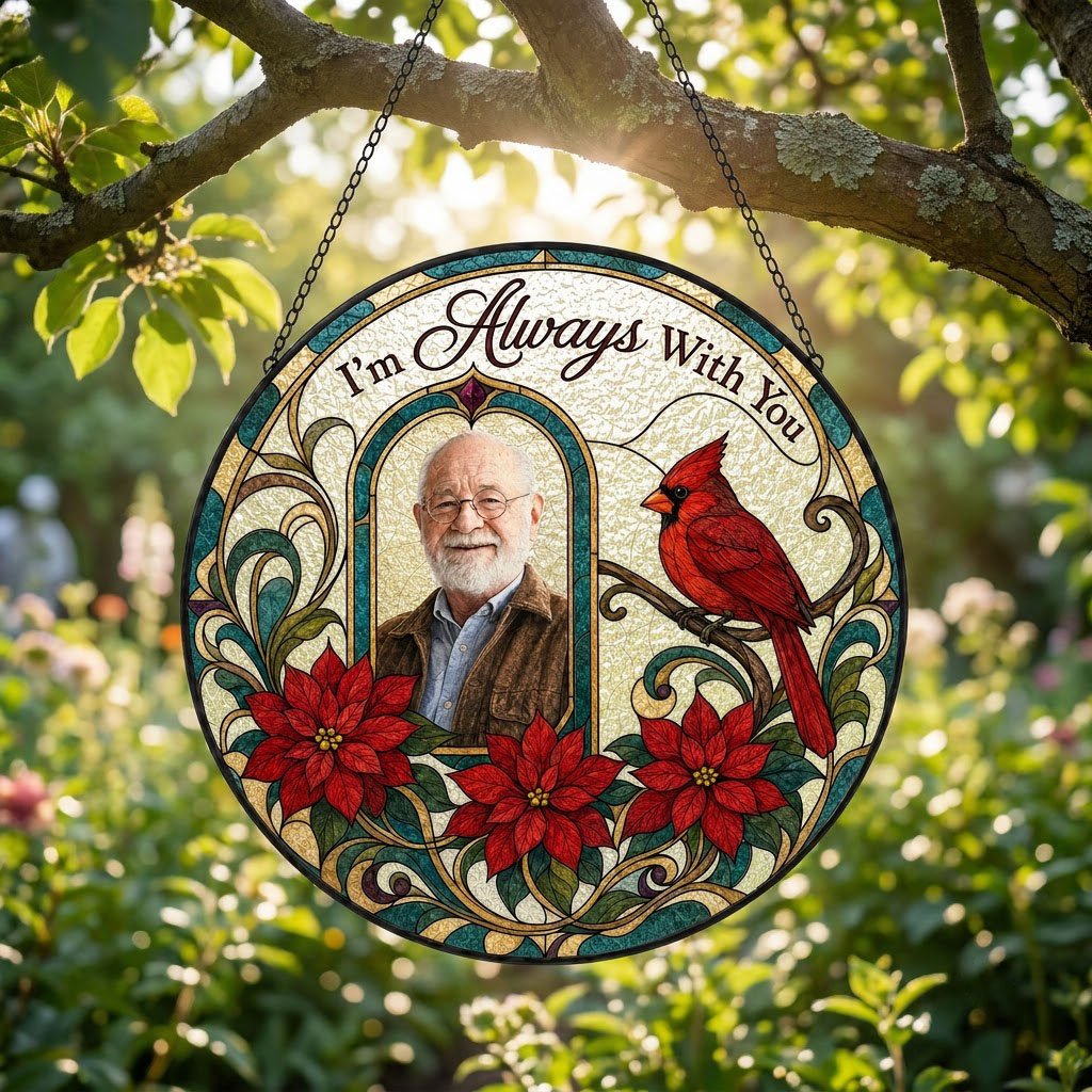 Round stained-glass style suncatcher with arched photo window, red cardinal, three red poinsettias and the words I'm Alw