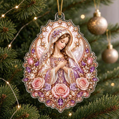 Acrylic ornament of the Virgin Mary with starry halo, pink and purple roses, pearls, gems and gold filigree.
