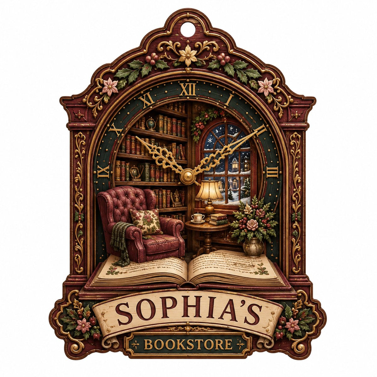 Ornate clock-shaped wood ornament with cozy bookstore scene, red armchair, bookshelves, arched window, and “BOOKSTORE” s