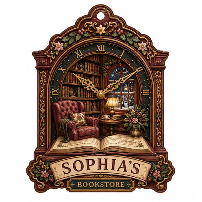 Ornate clock-shaped wood ornament with cozy bookstore scene, red armchair, bookshelves, arched window, and “BOOKSTORE” s