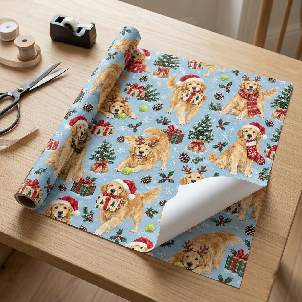 Light blue wrapping paper with Golden Retrievers in festive accessories, Christmas trees, gifts and snowflakes.