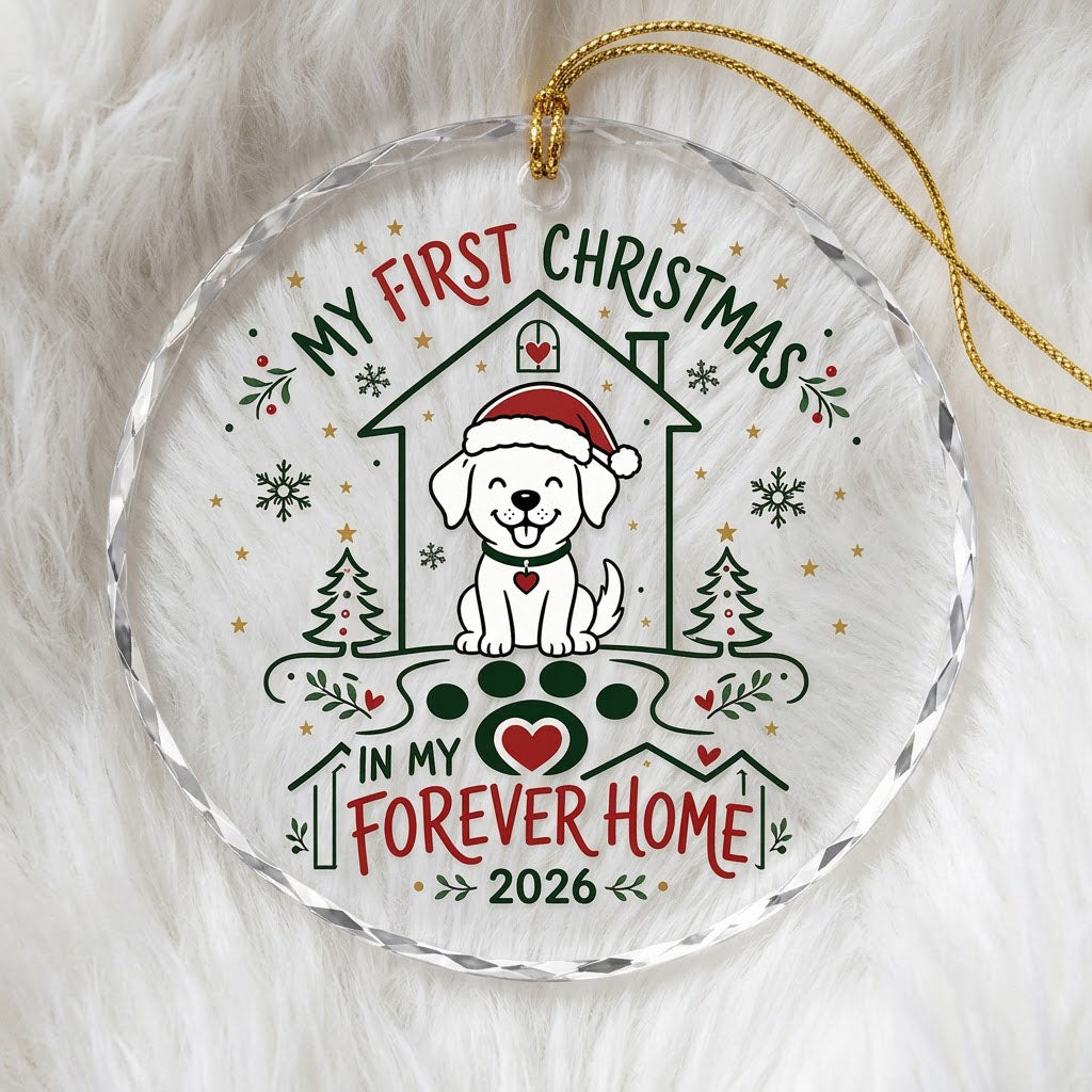 My First Christmas in My Forever Home Sitting Puppy Round Glass Ornament