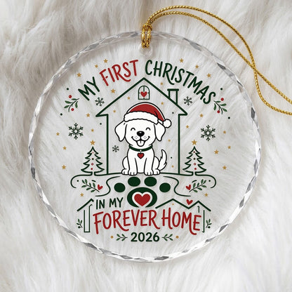 My First Christmas in My Forever Home Sitting Puppy Round Glass Ornament