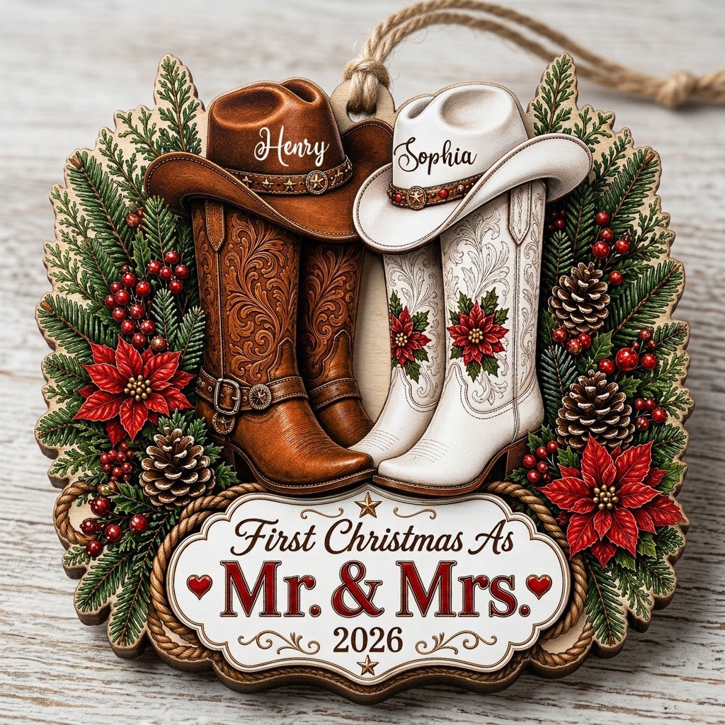Personalized Western Cowboy Boots First Christmas as Mr & Mrs Wooden Ornament