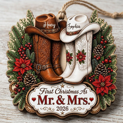 Personalized Western Cowboy Boots First Christmas as Mr & Mrs Wooden Ornament