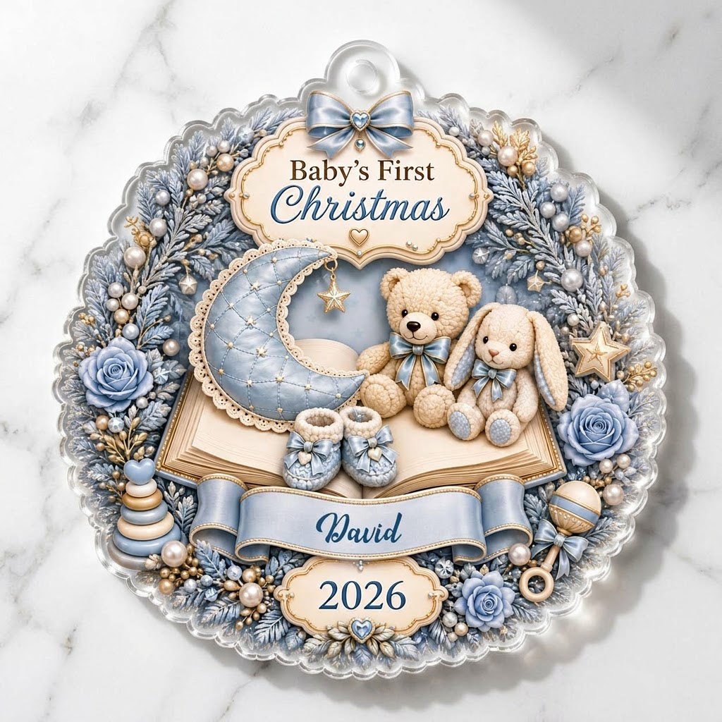 Blue floral wreath acrylic ornament with moon, teddy and bunny, plus Baby's First Christmas with name and year.