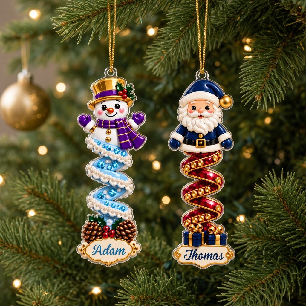 Clear acrylic ornament with a cartoon elf or Mrs. Claus, spiral ribbon body, holly, and a white name scroll.