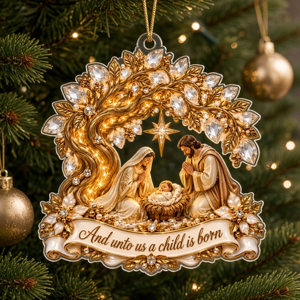 Acrylic ornament with Mary, Joseph and Baby Jesus under a radiant star, golden tree accents and a red ribbon.