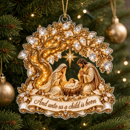 Acrylic ornament with Mary, Joseph and Baby Jesus under a radiant star, golden tree accents and a red ribbon.