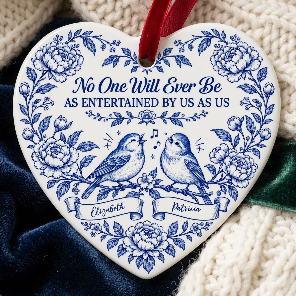 Heart ceramic ornament with Delft blue peonies, two birds on a branch, and a friendship quote in cobalt blue.