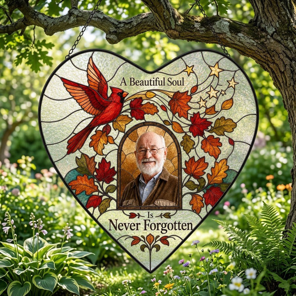 Heart stained glass suncatcher with flying red cardinal, autumn leaves, gold stars, and a central photo frame.