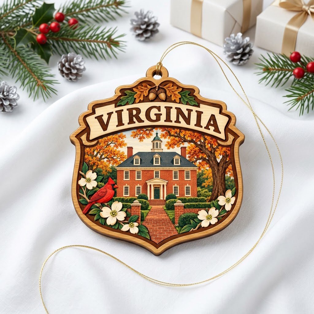 Shield-shaped wood ornament with “VIRGINIA,” colonial brick building, cardinal, acorns and white dogwood flowers.