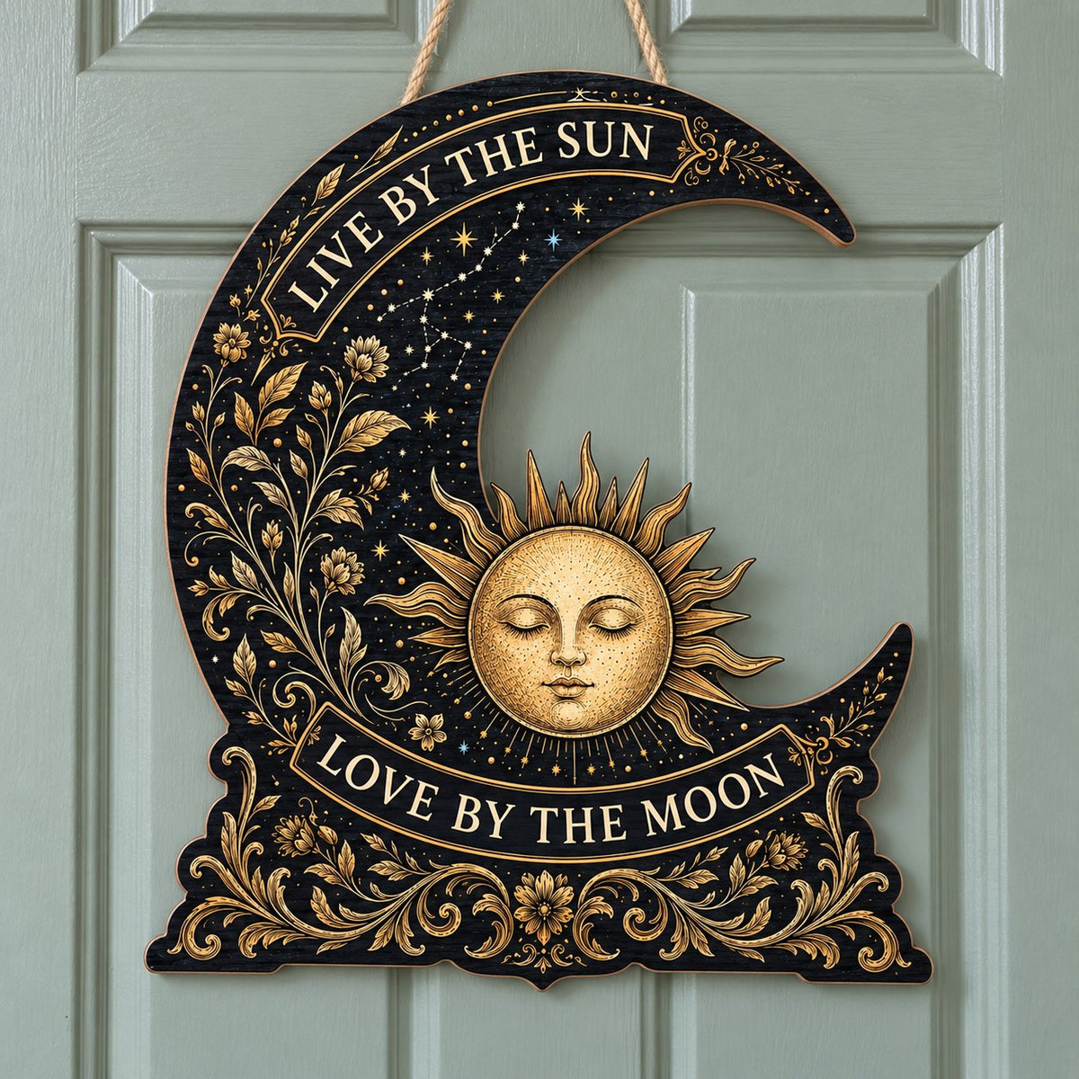 Crescent moon and sleeping sun wooden sign with gold constellations and words Live by the Sun, Love by the Moon.