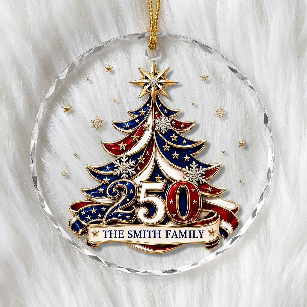 Personalized 250th Anniversary Patriotic Christmas Tree Round Glass Ornament