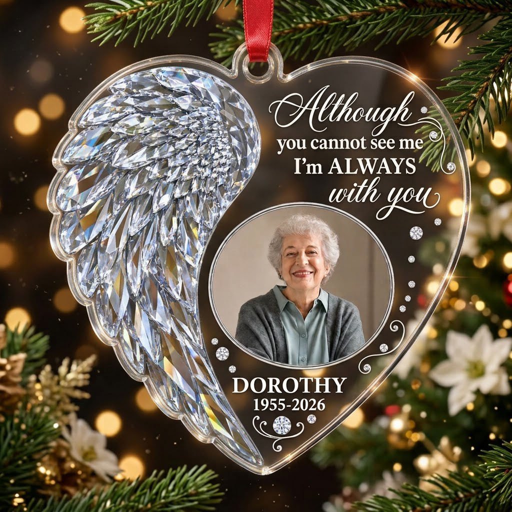 Heart-shaped clear acrylic ornament with crystal-style angel wing, round photo frame, and memorial quote