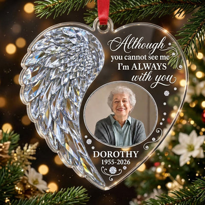 Heart-shaped clear acrylic ornament with crystal-style angel wing, round photo frame, and memorial quote
