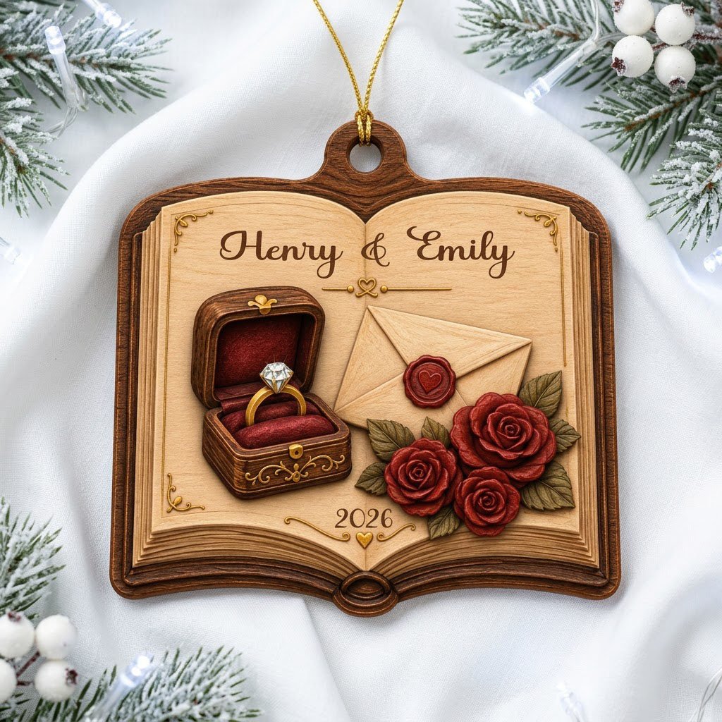 Open book wood ornament with a ring box, red roses, wax-sealed envelope, and custom names and year.