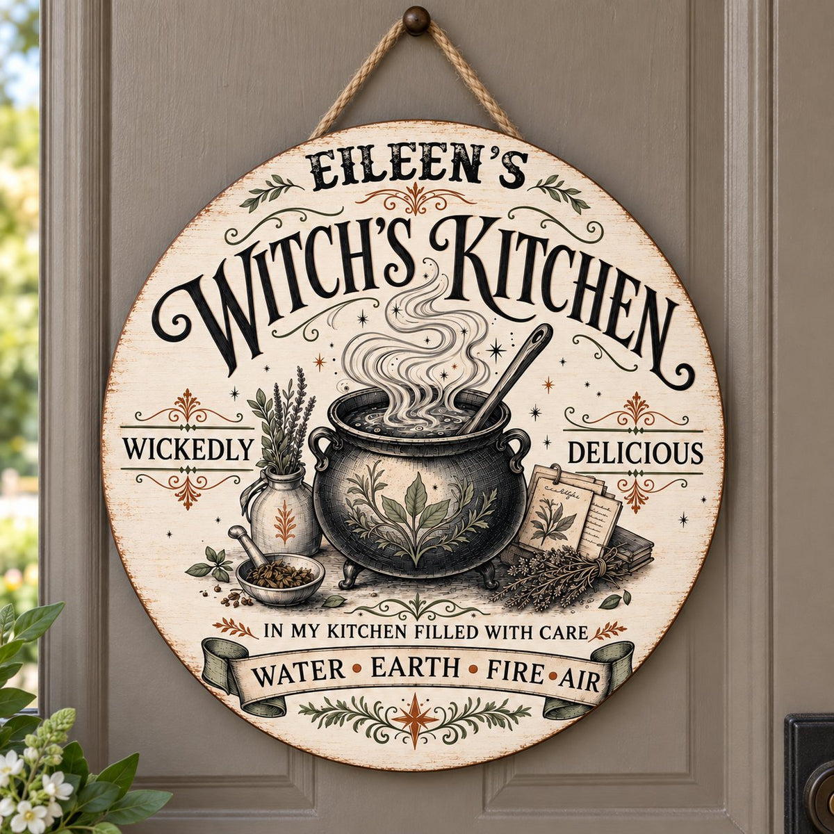 Round wooden hanging sign with a bubbling cauldron, herbs, spellbook, stars and the words Witch's Kitchen.