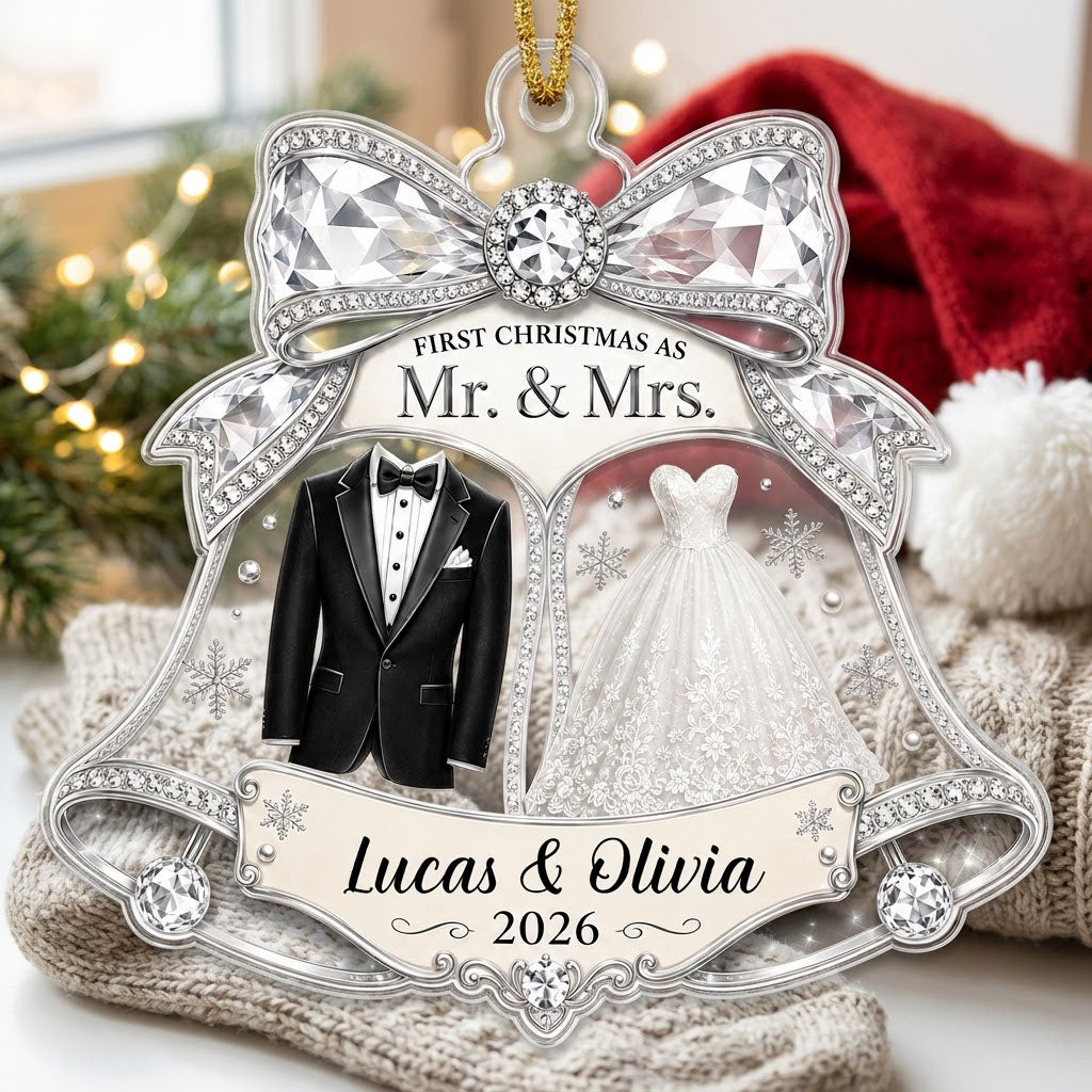 Double bell acrylic ornament with tuxedo, wedding gown, silver bow, and FIRST CHRISTMAS AS Mr. & Mrs. text.