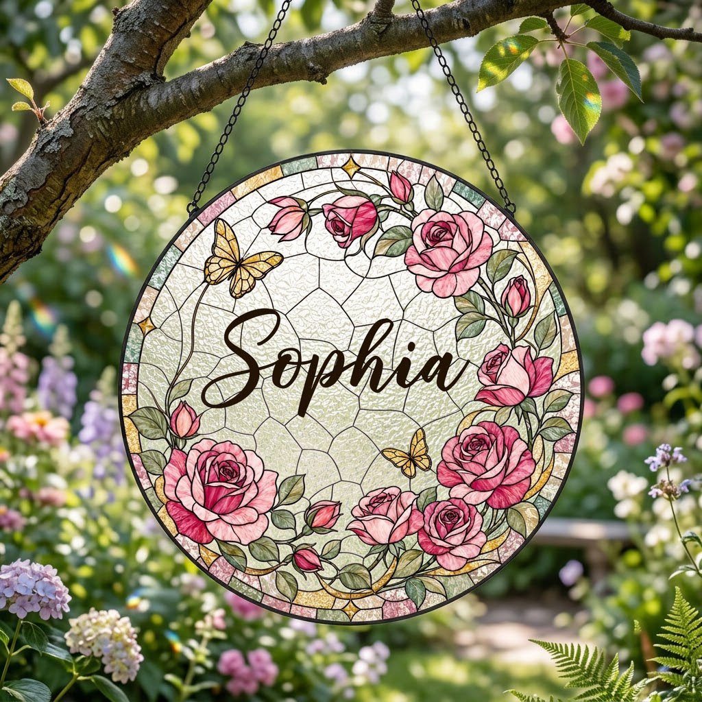 Round stained-glass style suncatcher with pink roses, two yellow butterflies, green leaves, and a decorative patterned b