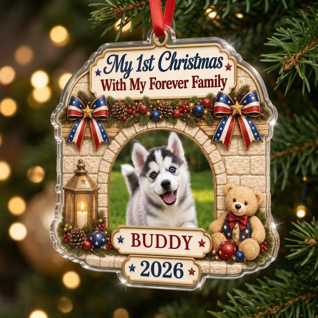 Arched acrylic ornament with stone arch, pine garland, patriotic bows, lantern, teddy bear, and a photo slot.