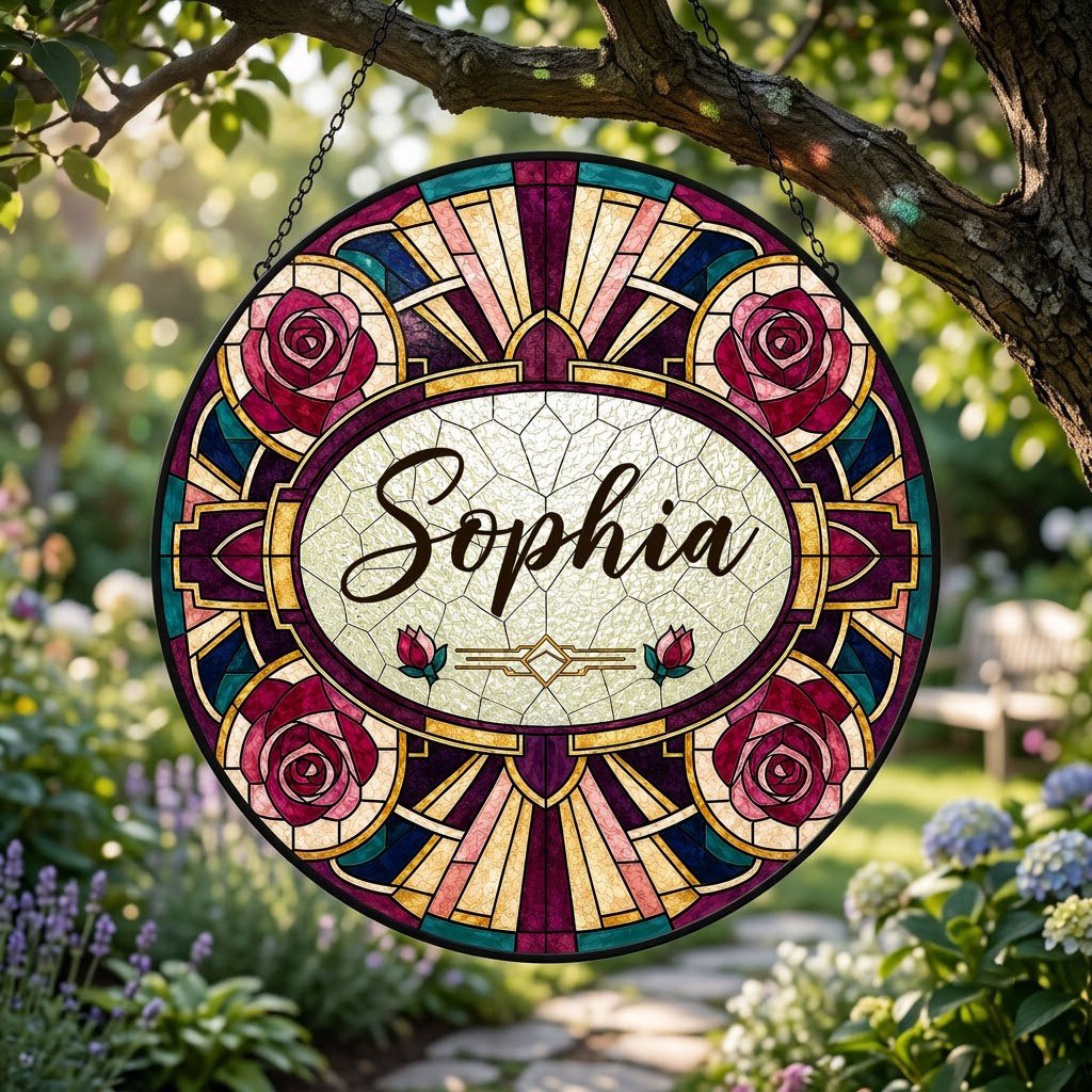 Round stained glass-style suncatcher with red and pink roses, a cream oval name panel, and black leaded lines.