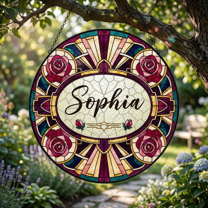 Round stained glass-style suncatcher with red and pink roses, a cream oval name panel, and black leaded lines.