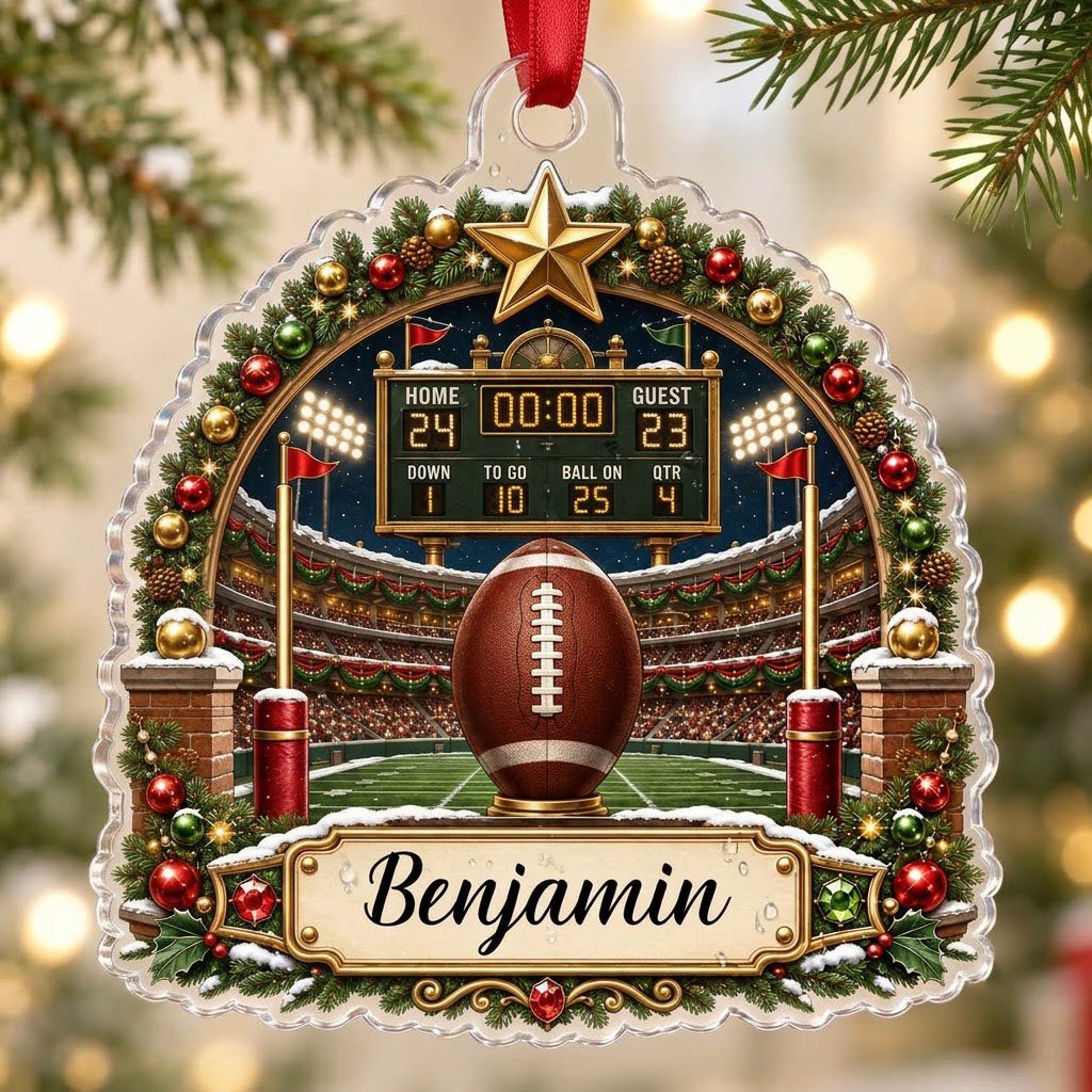 Acrylic ornament with football on a tee, stadium scoreboard, and pine garland border with a name banner.